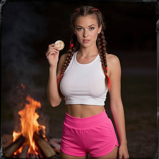 Photograph of a fit woman with braided brown hair, wearing a white crop top and pink shorts, holding a lollipop by a campfire at