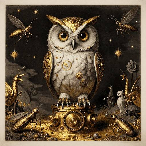 Ethereal Clockwork Rococo Golden Owl Menagerie