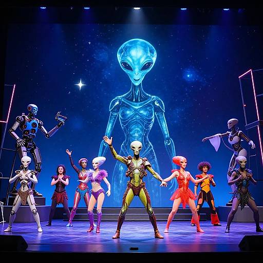 Photograph of a vibrant stage performance featuring alien-themed dancers in colorful costumes, led by a central figure in a glowing blue alien costume, under a large