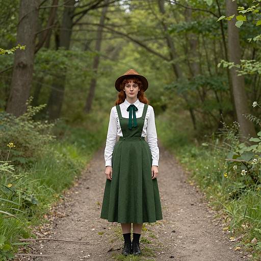Red-Haired Woman in Green Pinafore Dress on Forest Path