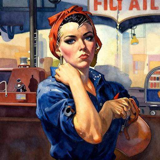 Digital painting of a pin-up style woman with red headscarf, blue shirt, holding tools, standing in a vintage shop with 