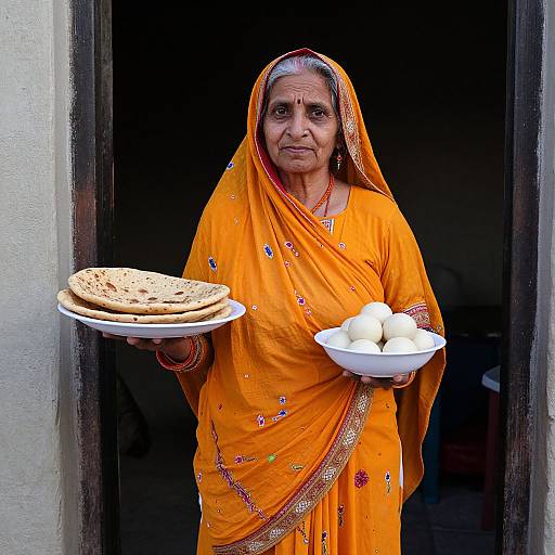 Photograph of an elderly Indian woman in an orange sari, holding a plate of parathas and boiled eggs, standing in a doorway.