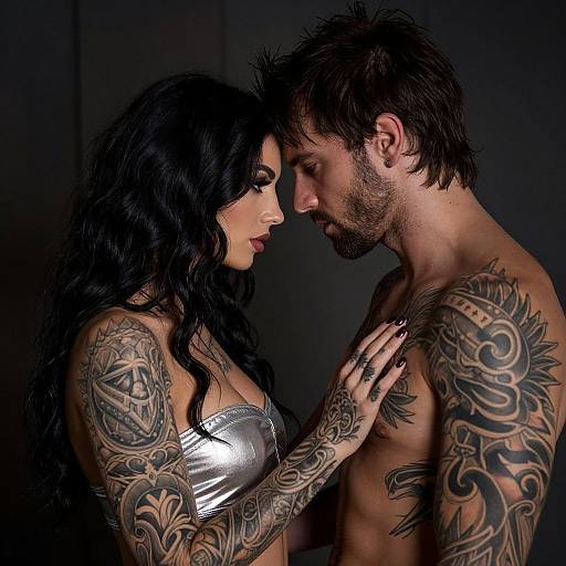 Tattooed couple in a dimly lit studio; woman in silver strapless top, man shirtless, both intensely gazing into each other
