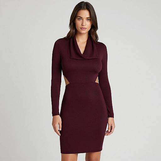 Photograph of a young woman with long dark hair wearing a form-fitting, long-sleeve, deep burgundy dress with a cowl neckline