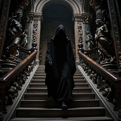 Mysterious hooded figure in black cloak ascends grand, ornate staircase flanked by statues, dimly lit, gothic-style, atmospheric photograph