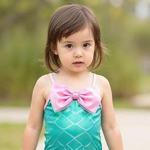 Photograph of a young Asian girl with shoulder-length brown hair, wearing a turquoise dress with a pink bow, standing outdoors.
