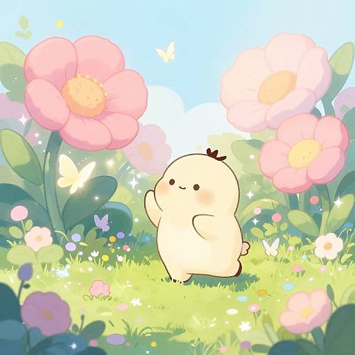 Cute, chibi-style white chick stands in vibrant, sunlit flower field with large pink flowers, butterflies, and sparkling light effects. Digital art
