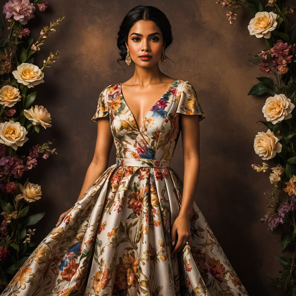 Elegant Mediterranean Woman in Floral Gown