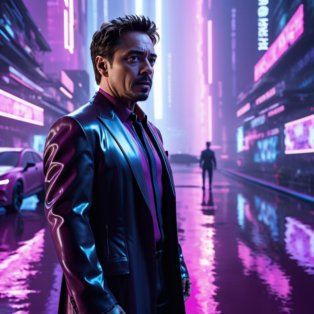 Tony Stark in a Futuristic Rainy World