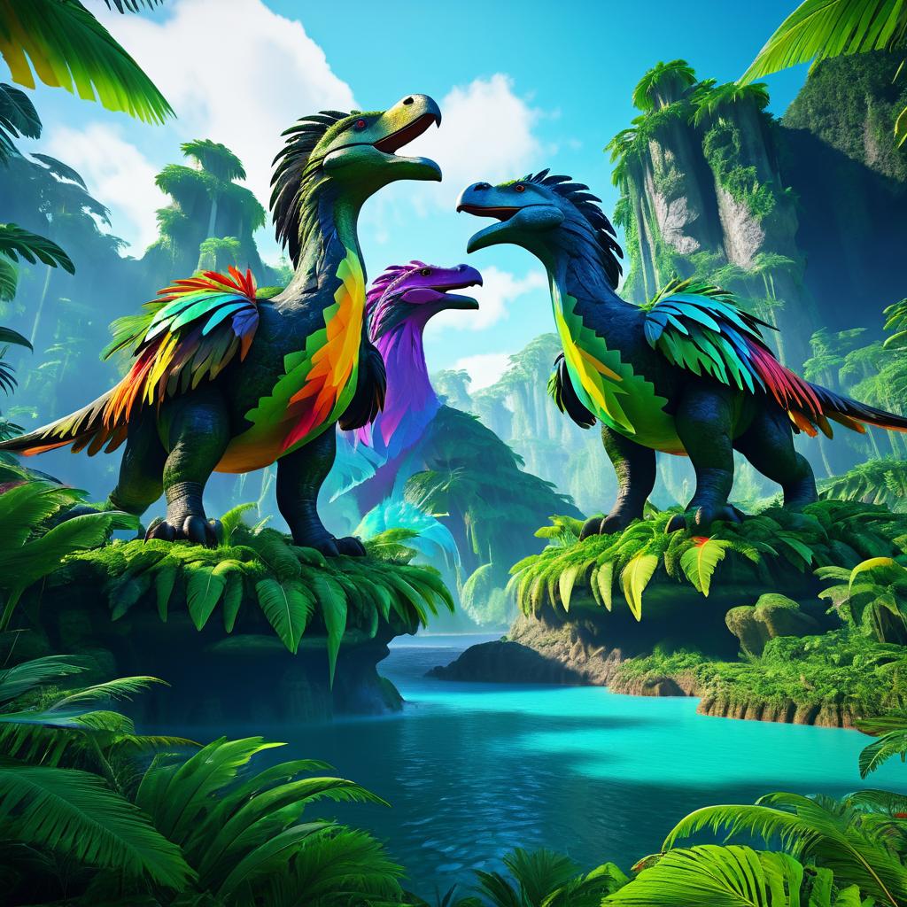 Vibrant Feathered Dinosaurs in Prehistoric Landscape