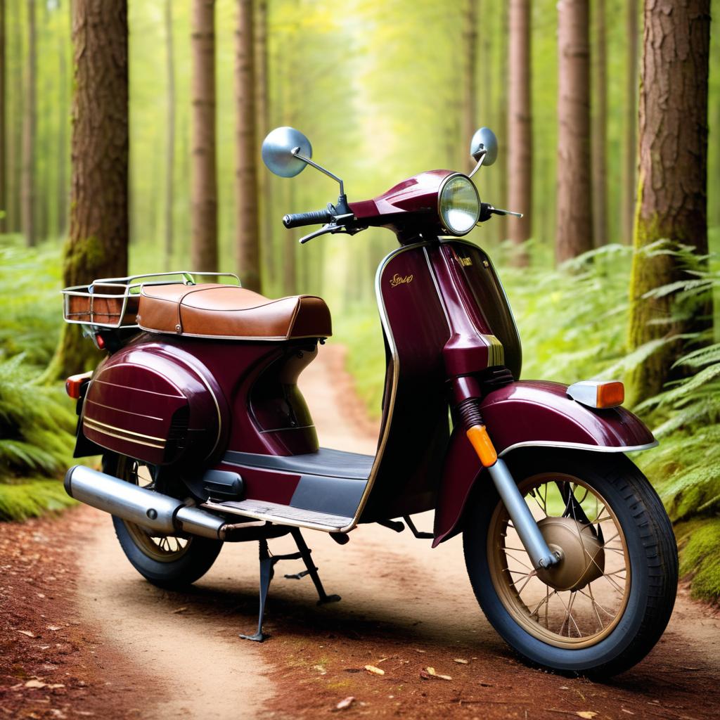 Vintage Burgundy Moped on Forest Path