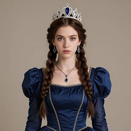 Photograph of a young woman with fair skin, dark brown braided hair, wearing a silver tiara, navy blue puffed-sleeve dress