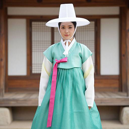 Photograph of an East Asian woman in traditional Korean hanbok with a white hat, blue dress, white sleeves, and pink sash, standing