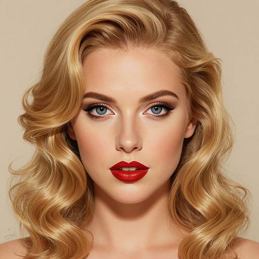 Photorealistic digital portrait of a blonde woman with blue eyes, red lipstick, and wavy hair, against a plain beige background.