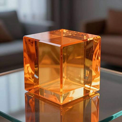 Photograph of a transparent, amber-colored glass cube on a glass table, reflecting light and casting warm highlights in a softly lit room.