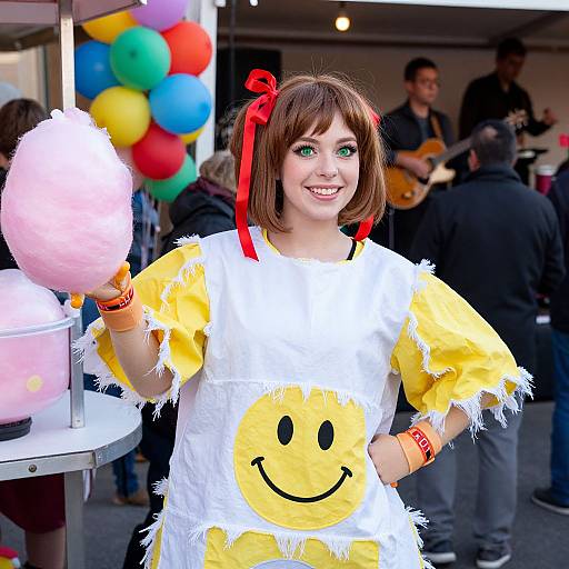 Photograph of a smiling young woman with green eyes, brown bob haircut, and red hair ribbon, wearing a fluffy yellow and white smiley face costume