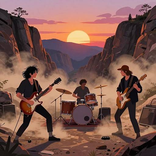 Rock Band Jamming in Mountain Quarry