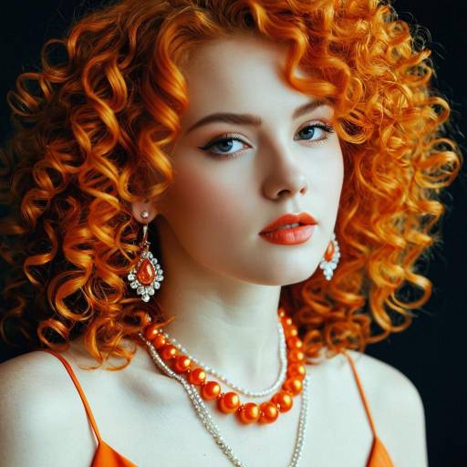 Portrait of Woman with Bright Orange Curly Hair and Jewelry