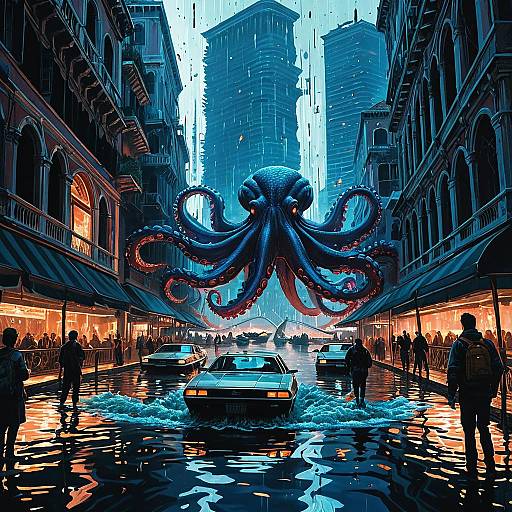 Futuristic Venice Under Siege by Giant Octopus
