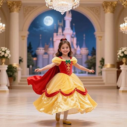 Photograph of a young girl with fair skin and brown hair, wearing a yellow and red princess dress, smiling in a grand, fairy-tale castle