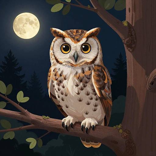 Digital illustration of a large, detailed owl with wide yellow eyes perched on a tree branch under a full moon, surrounded by dark forest and leafy