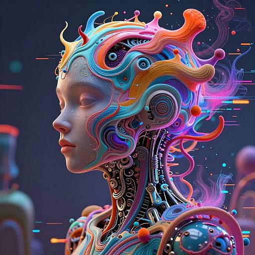 Digital artwork of a futuristic, cybernetic woman with vibrant, neon-colored, swirling headgear and intricate circuitry, against a dark, abstract background