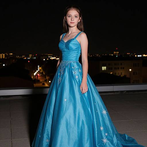 Photograph of a young woman in a vibrant blue, sleeveless, ruched ball gown with floral embroidery, standing on a rooftop at night.