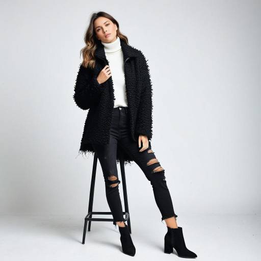 Stylish Woman in Black Textured Jacket and Ripped Jeans