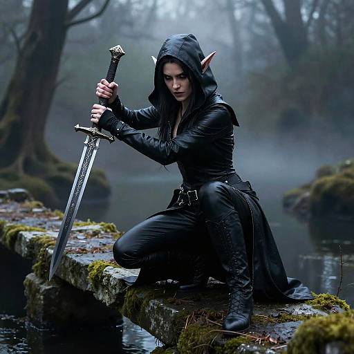 Photograph of a dark-haired, elf-eared woman in black hooded cloak and pants, kneeling on mossy rocks, gripping a silver sword,