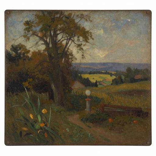 Impressionist painting of a rural landscape, featuring a dark tree in the foreground, a dirt path, colorful flowers, and a distant, rolling countryside