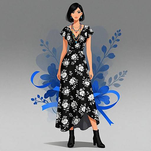 Stylish Woman in Black Floral Dress