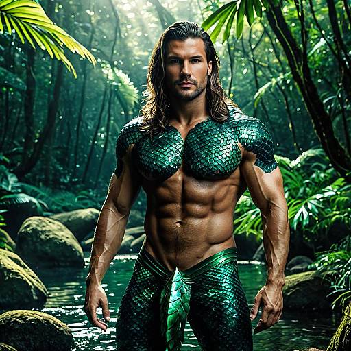Muscular Merman in Green Scale Armor in Jungle