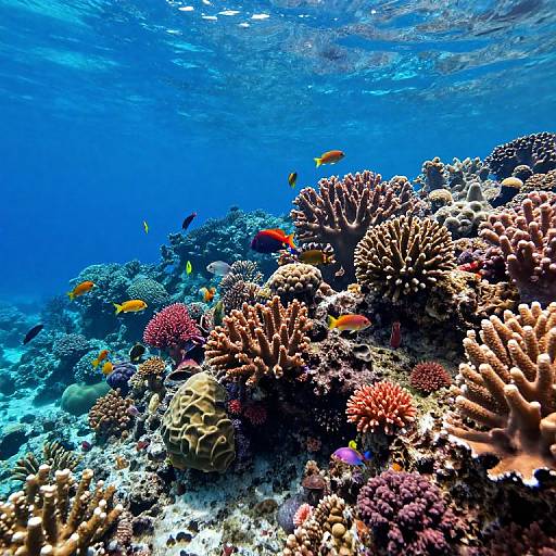 Vibrant underwater photograph of colorful coral reefs with various fish, including yellow and red fish, surrounded by diverse, textured corals. Clear blue water