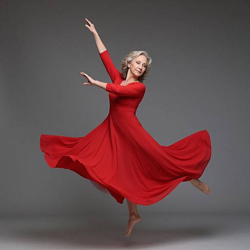 Photograph of a silver-haired woman in a flowing red dress, mid-leap, arms gracefully extended, against a gradient gray background.