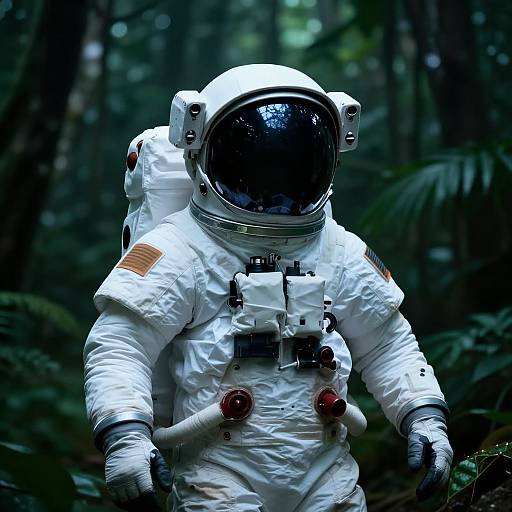 Photograph of an astronaut in a white spacesuit with a reflective helmet, standing in a dark, dense forest. The suit has red and black controls