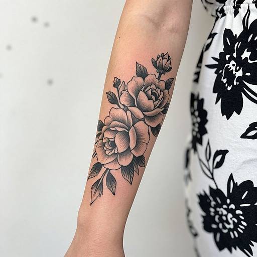 Tattooed forearm featuring detailed black-and-gray roses with shaded petals and leaves, set against a white background with black floral patterns.