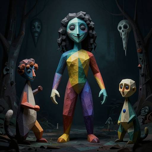 CGI digital artwork of three colorful, geometric, humanoid characters in a dark, eerie forest with a skull and ghostly face in the background.