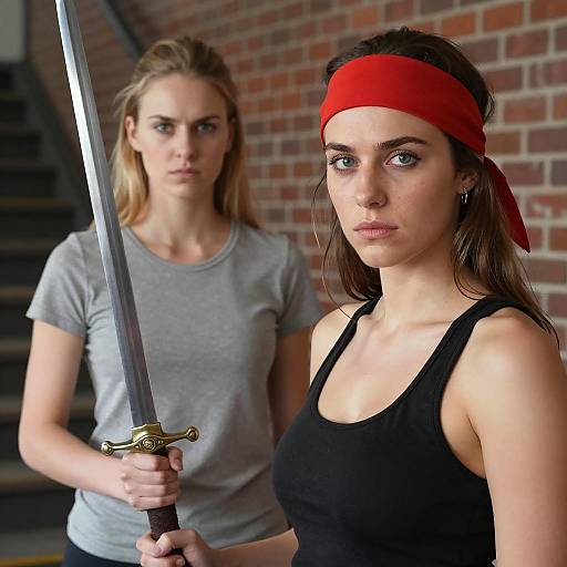 Two Women Holding Sword Indoors