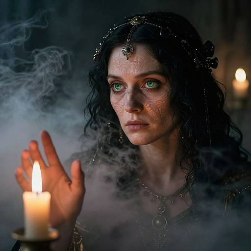Photograph of a pale woman with green eyes, black curly hair, and intricate headpiece, holding a lit candle, surrounded by smoke. Dark,