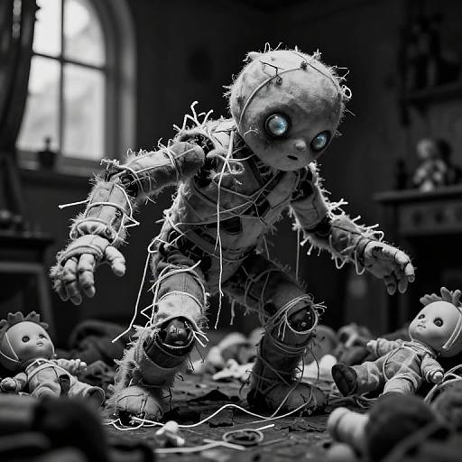 Photograph-style digital artwork of a creepy, tangled, glowing-eyed, stitched-together doll crouching among broken, similarly damaged toys in a dim