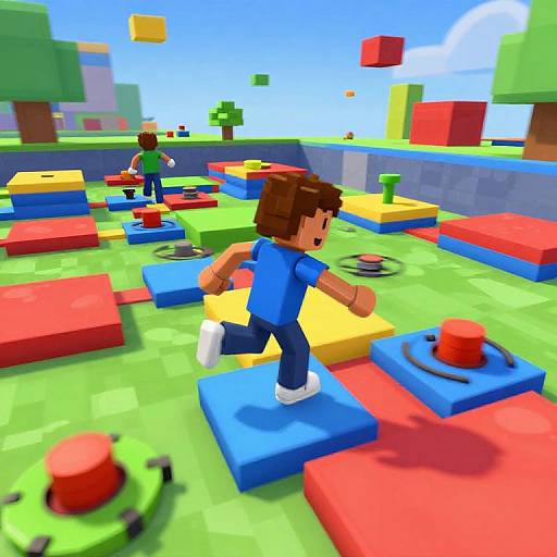 Bright, colorful digital image of two pixelated, blocky children playing on a playground with oversized, colorful foam blocks and toys.