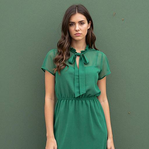 Young Woman in Green Dress Against Green Wall
