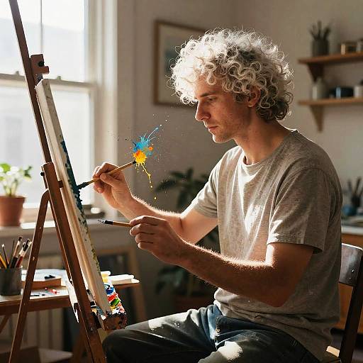 Photograph of a curly-haired artist in a gray t-shirt painting a vibrant blue and orange butterfly on an easel in a sunlit studio.