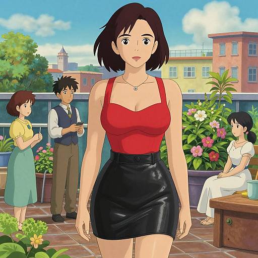Digital anime-style drawing of a confident woman in a red top and black skirt, standing in a sunny rooftop garden with four other people. Bright colors,