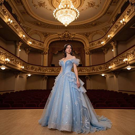 Photograph of a woman in an off-the-shoulder, light blue, floral-embroidered ball gown, standing in an ornate,