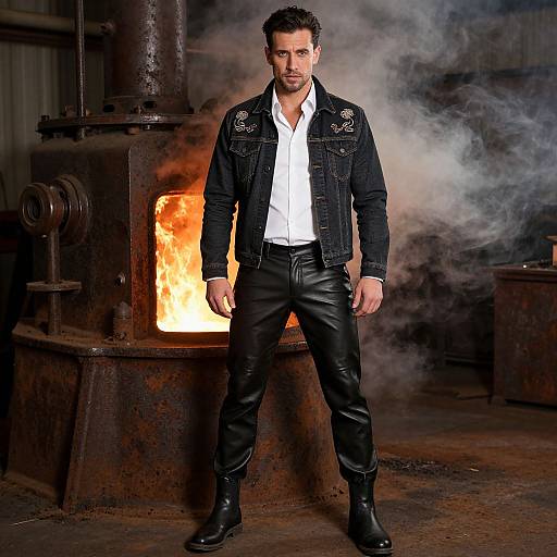 Photograph of a rugged man with dark hair, beard, wearing a black denim jacket, white shirt, black leather pants, and boots, standing in