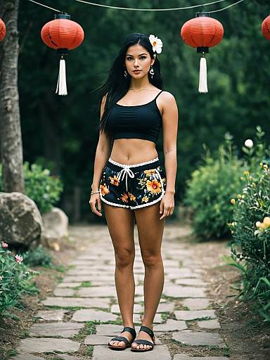 Woman Wearing Floral Shorts and Black Crop Top Outdoors