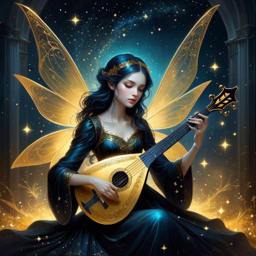 Ethereal Fairy with Golden Lute Artwork Ethereal Fairy with Golden Lute Artwork