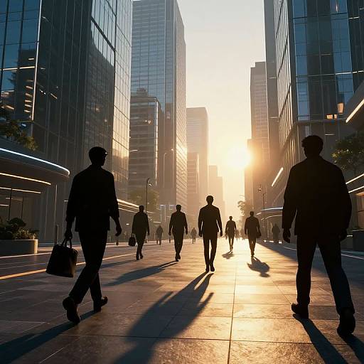 Photograph of a sunlit city street, silhouetted businessmen walking, holding briefcases, tall glass skyscrapers on both sides, golden