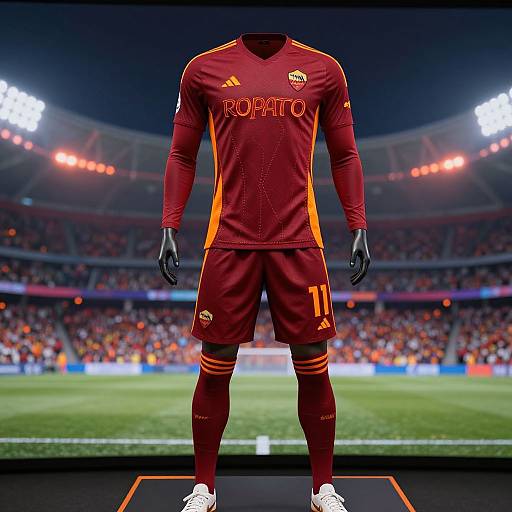 Photorealistic CGI of a maroon Borussia Dortmund soccer jersey with orange stripes, number 11, displayed on a mannequin in a packed